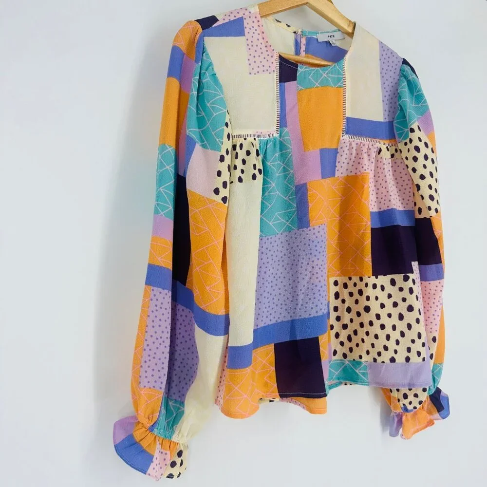 Fate Multicolor Abstract Patchwork Long Puff Sleeve Ruffle Keyhole Blouse Size S - Picture 5 of 9